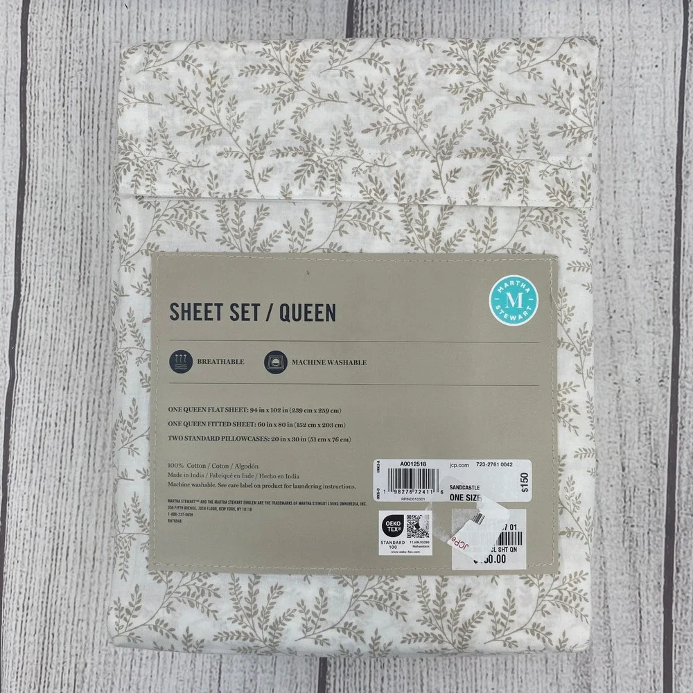 Martha Stewart Sheet Set Queen Sandcastle Tan White Cotton Botanical Vine 4pc